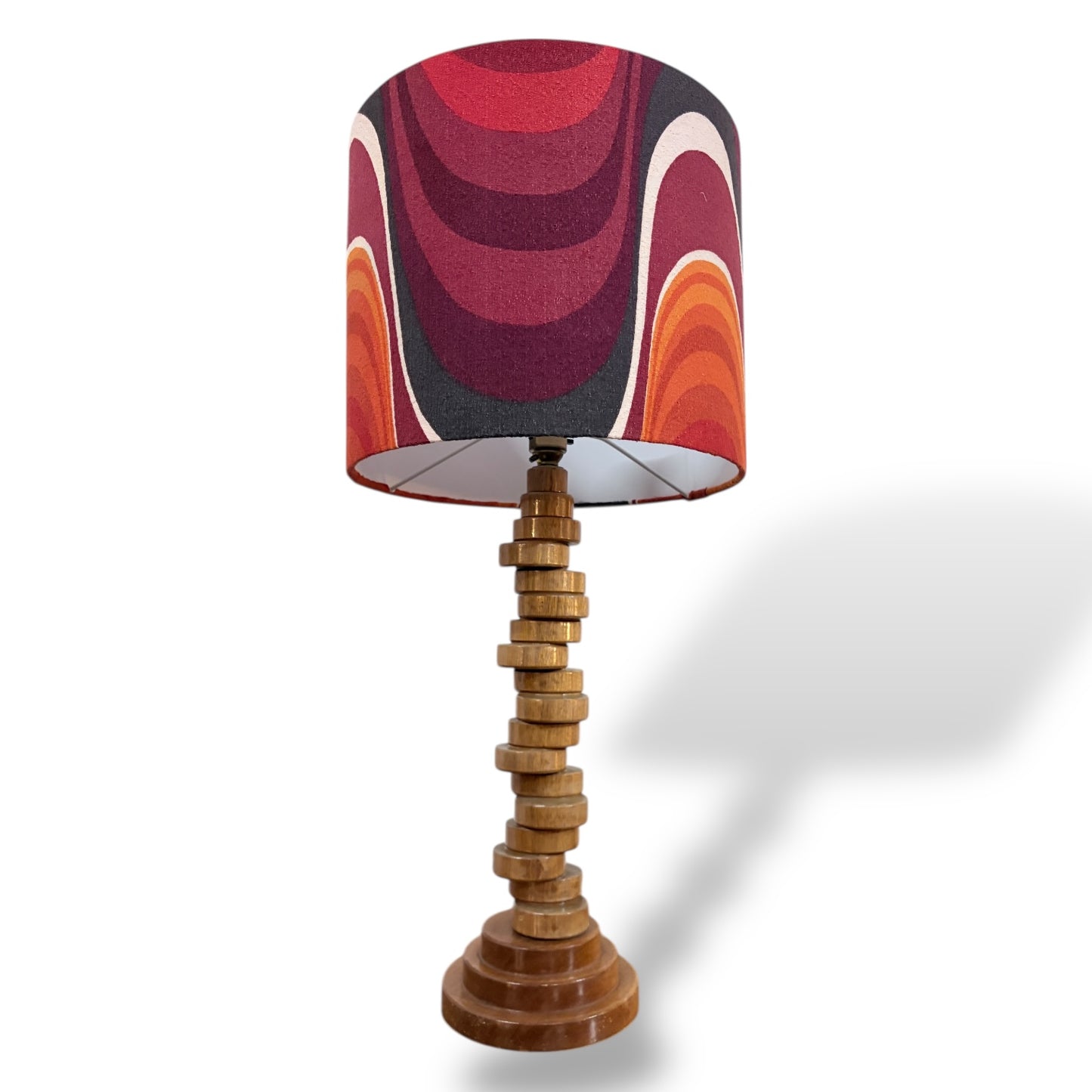 Vintage Teak Wood Tower Lamp with Barbara Brown Frequency Shade for Heals by Lightfandango