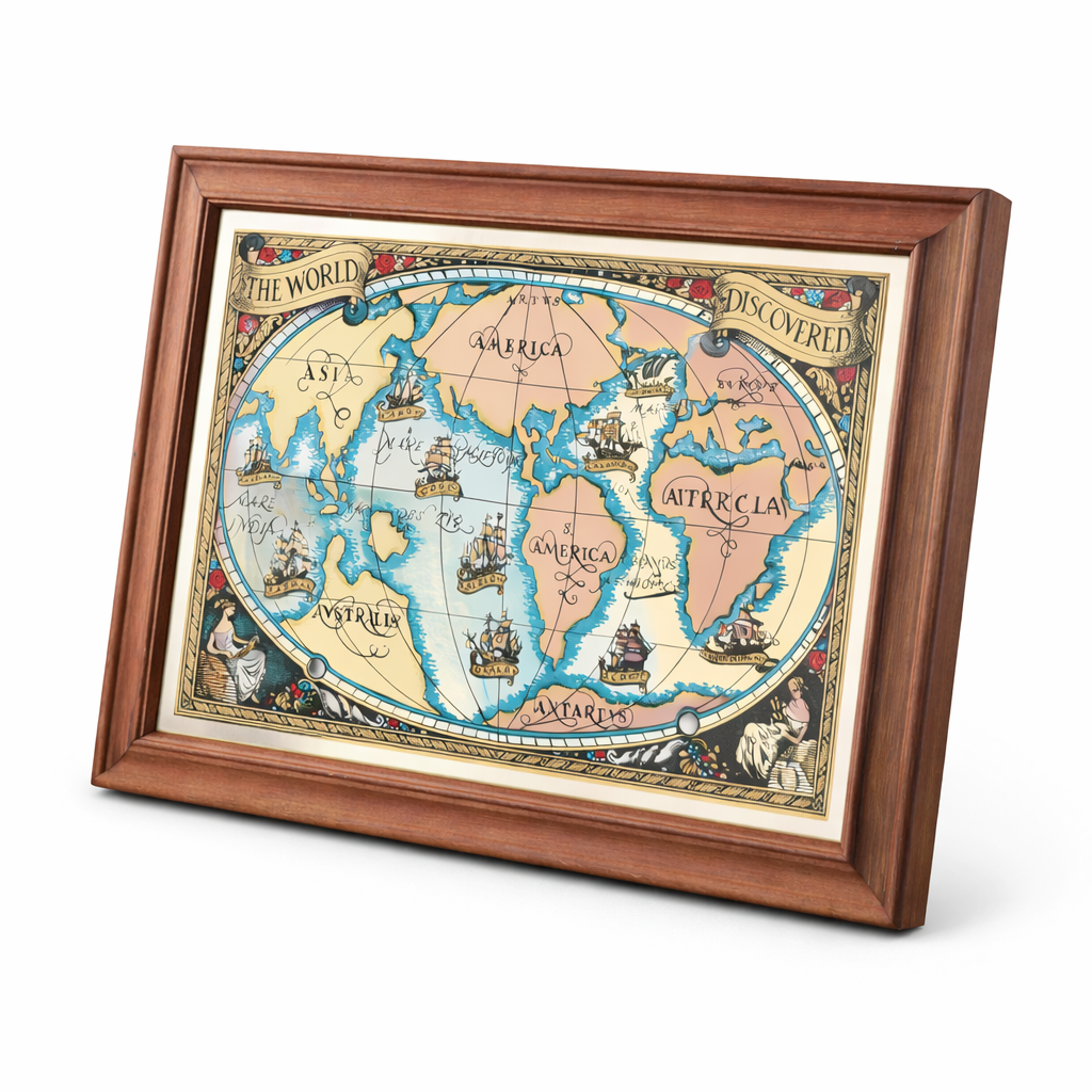 Vintage World Map Mirror in Solid Wood Frame