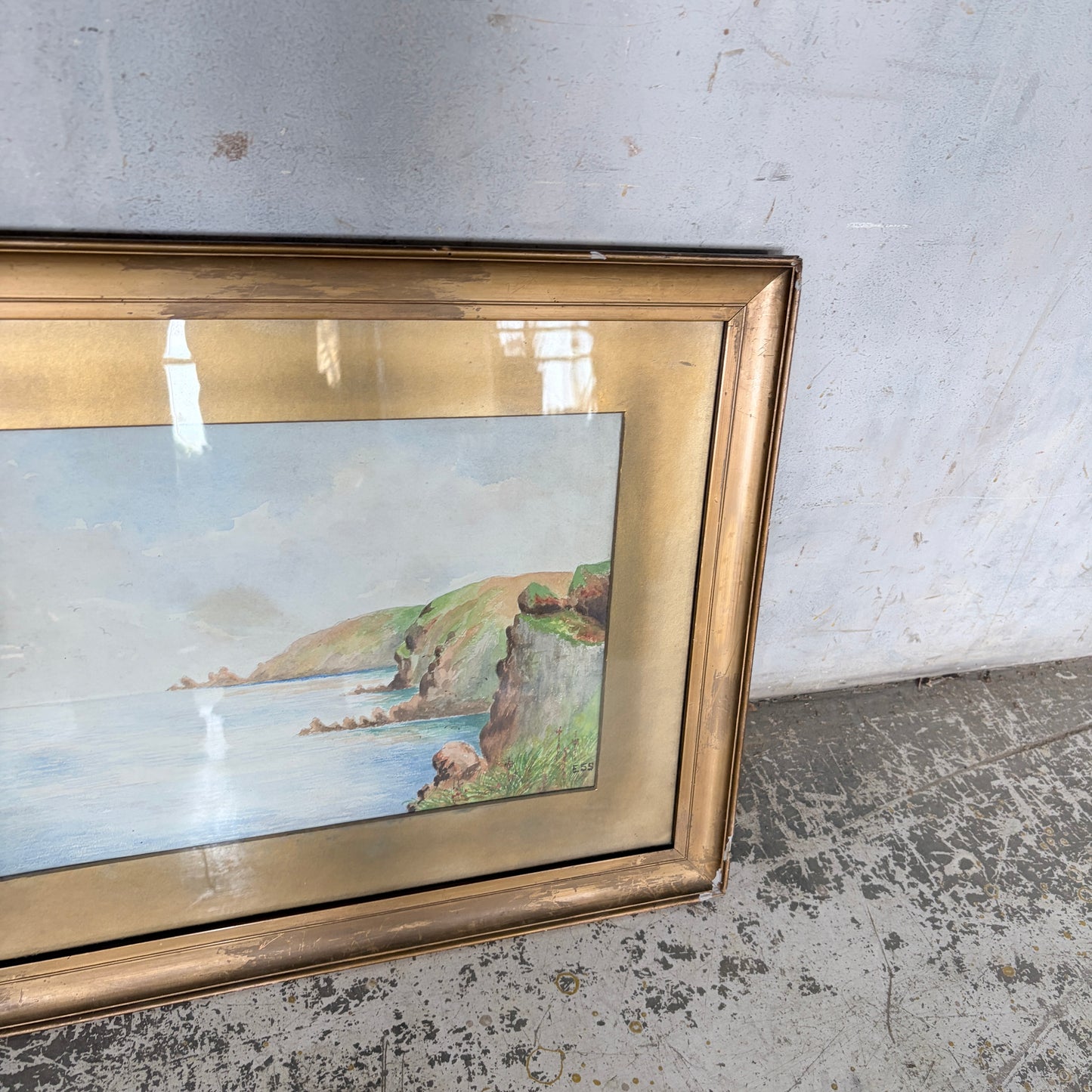 1950s Coastal Watercolour Landscape Painting in Original Gilt Frame