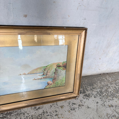 1950s Coastal Watercolour Landscape Painting in Original Gilt Frame
