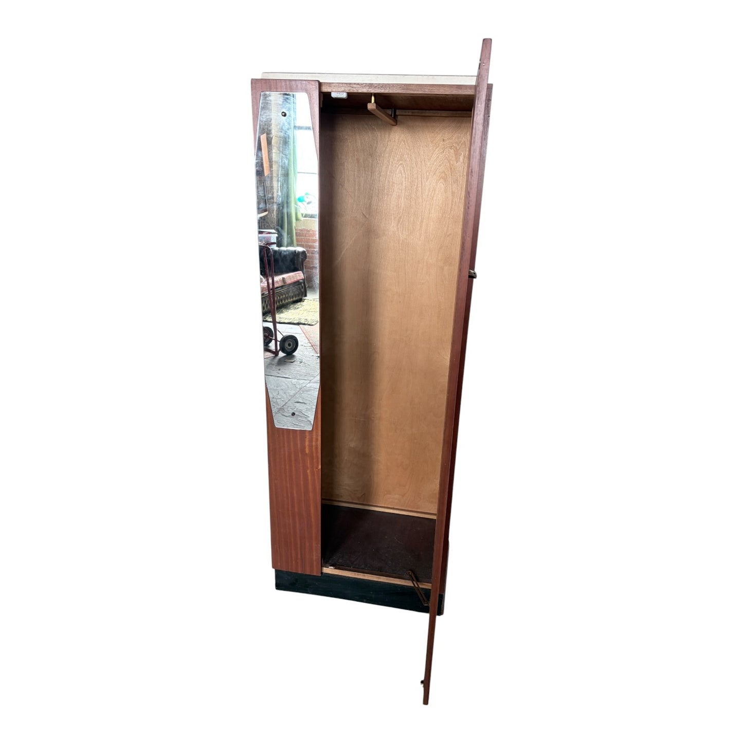 Mid Century Atomic Teak Single Wardrobe with Mirror Door – Compact Hanging Cabinet