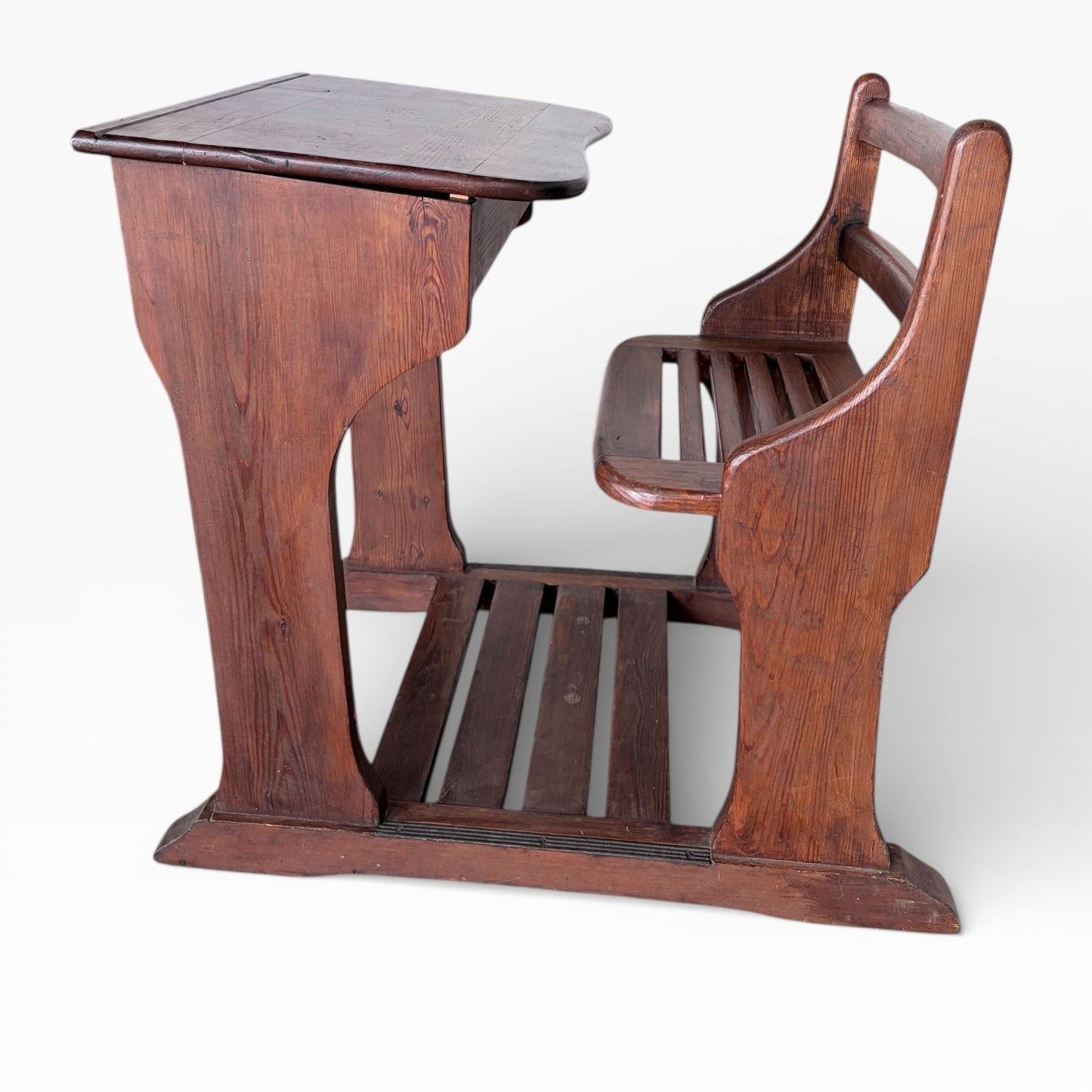 Antique Pine School Desk with Attached Bench