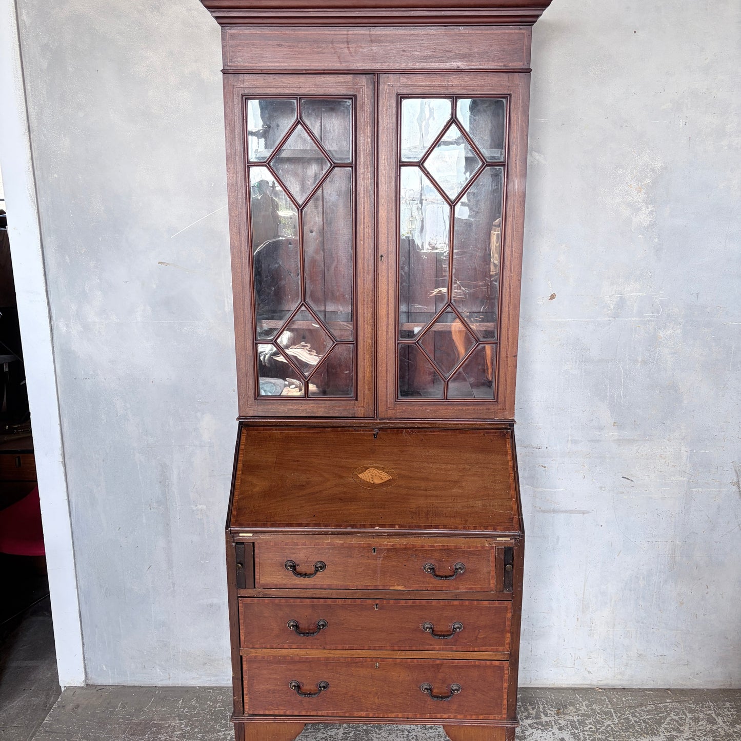 Antique Edwardian Mahogany Glazed Bureau Bookcase