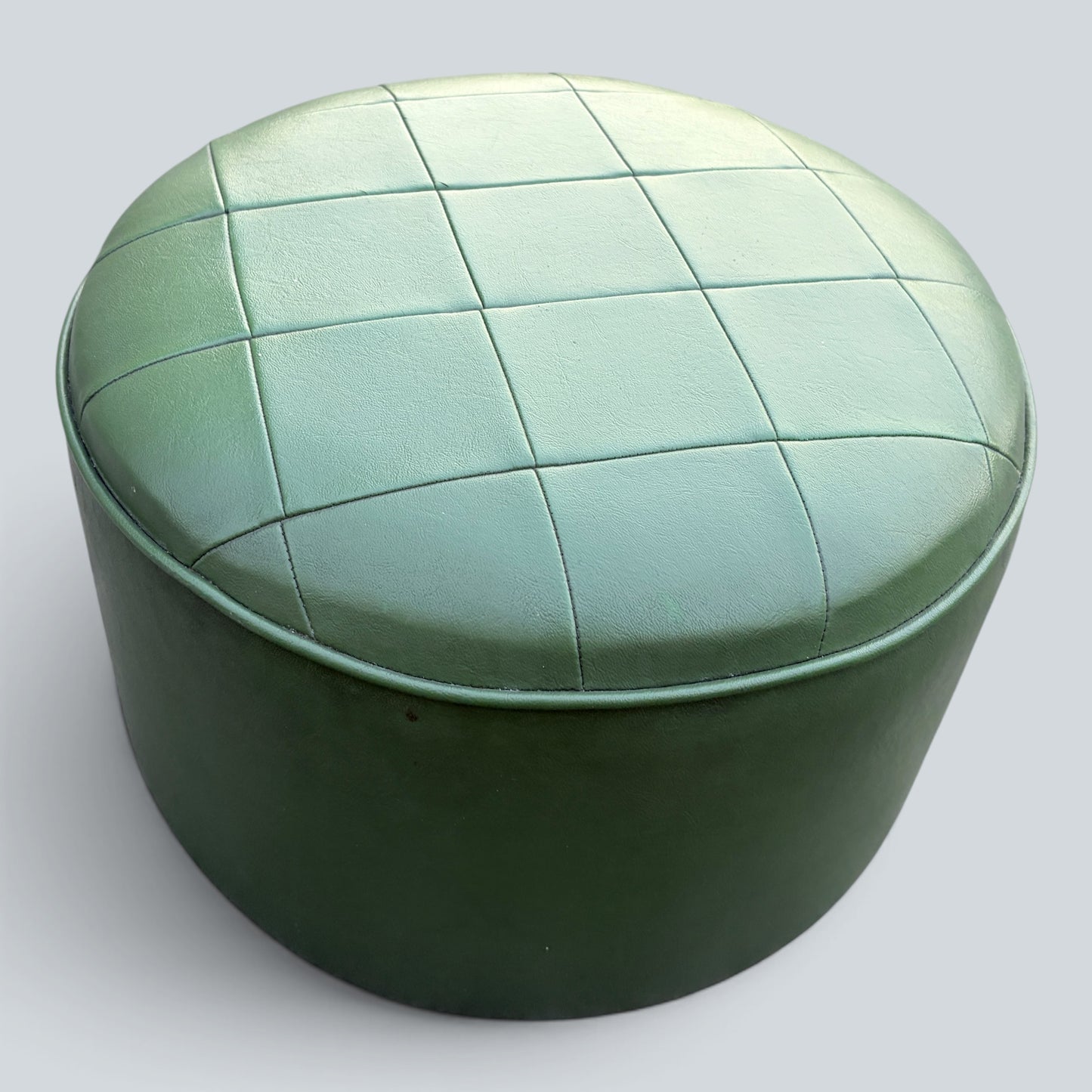 Vintage Mid Century Green Leatherette Pouffe | Round Footstool Ottoman