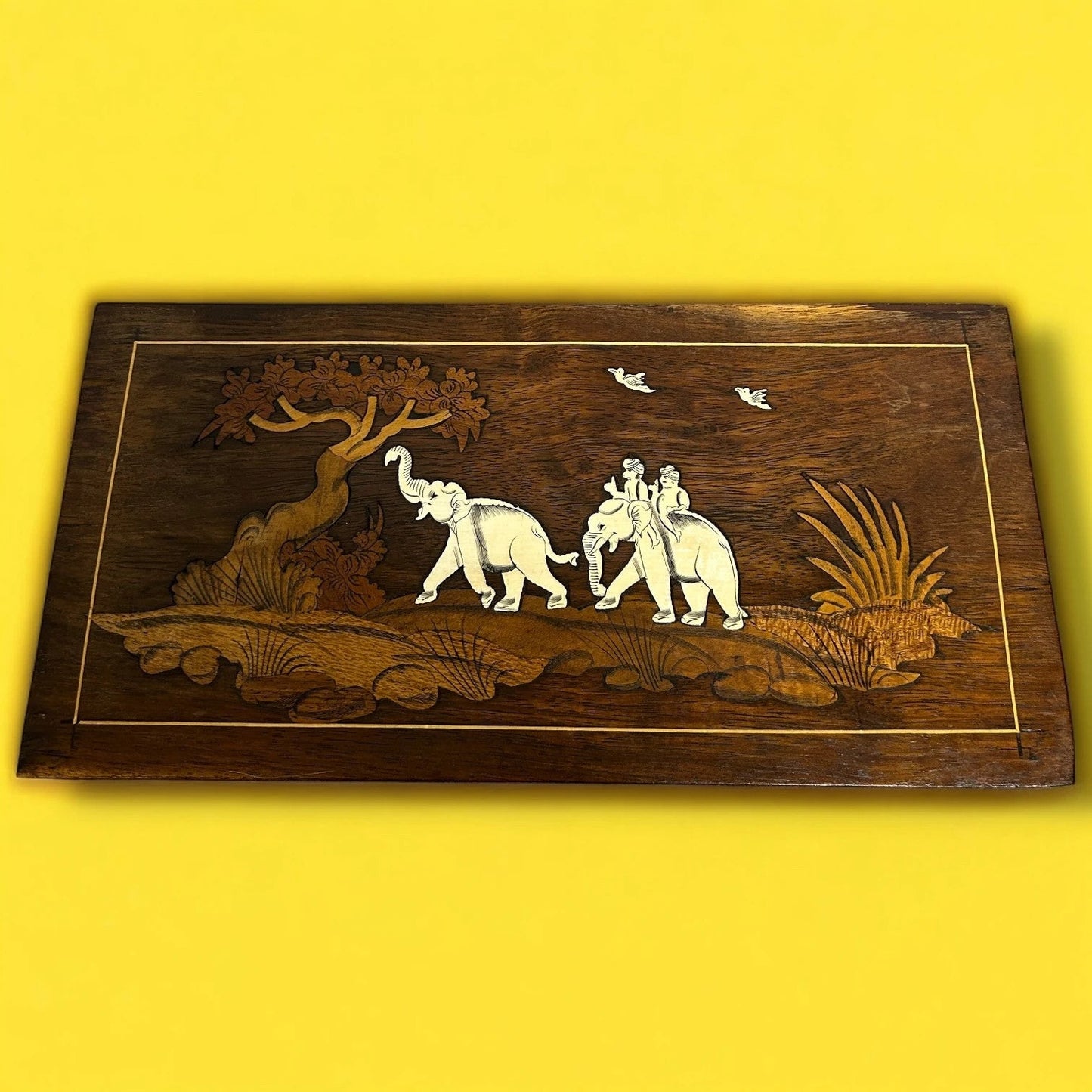 Vintage 1960s Indian Rosewood Inlaid Elephant Wall Panel