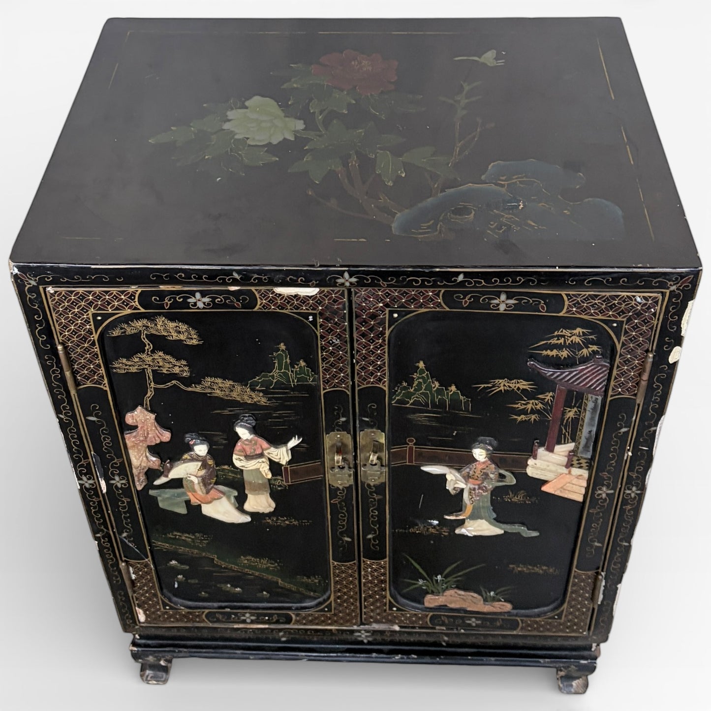 Chinese Black Lacquer Cocktail Cabinet with Mother of Pearl Inlay