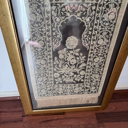 Framed Vintage Islamic Prayer Rug | Woven Textile Wall Art | Gold Frame