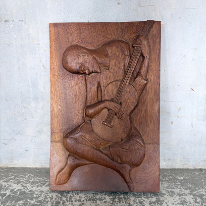 Vintage Hand-Carved Wooden Relief Wall Plaque of a Guitarist