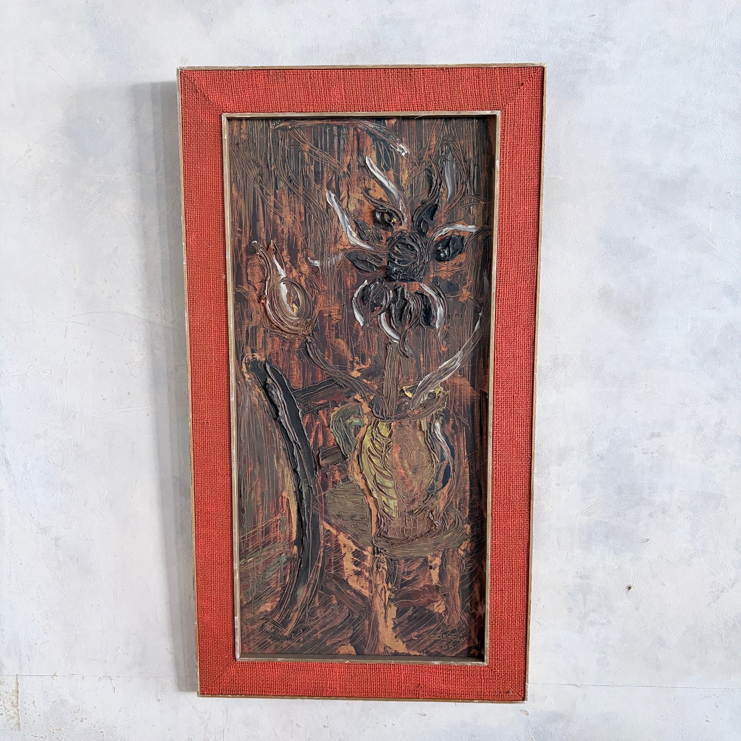 1966 Mid Century Brutalist Expressionist Oil Painting – Heavy Impasto Still Life – C. Bradshaw