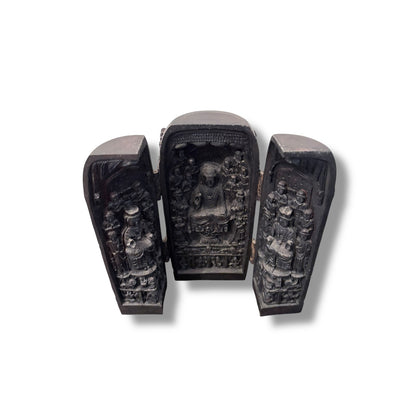 Vintage Hand-Carved Wooden Buddhist Triptych Shrine / Folding Altar