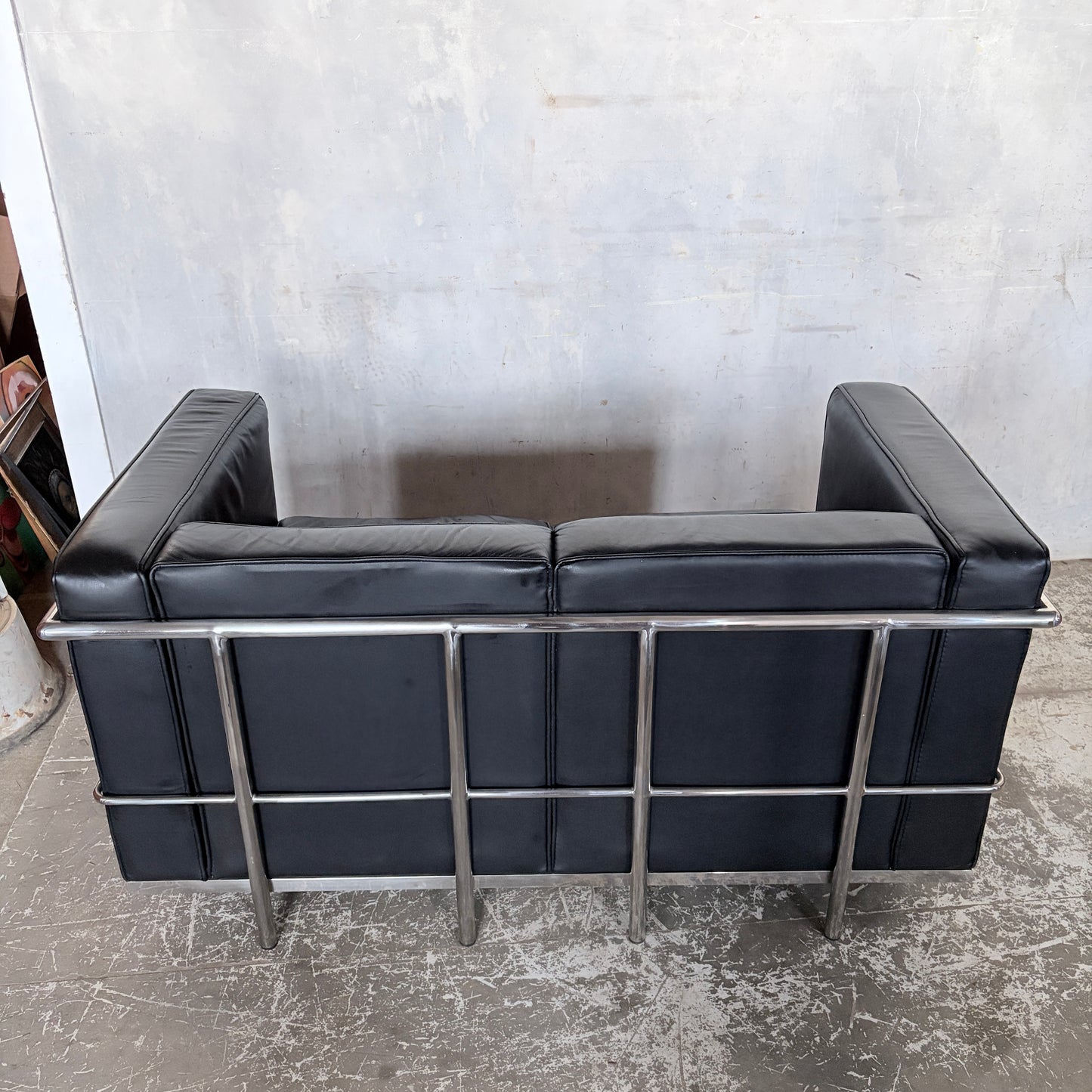 Mid Century Black Leather & Chrome Two Seater Sofa | Le Corbusier LC2 Style