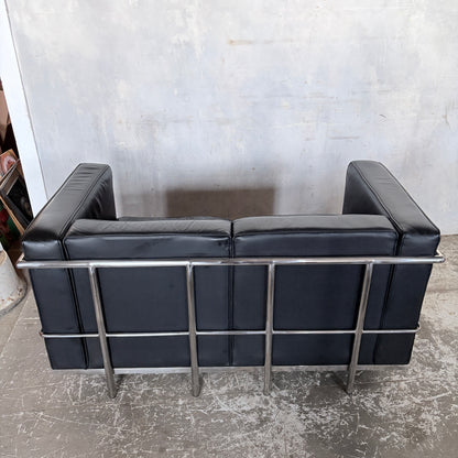Mid Century Black Leather & Chrome Two Seater Sofa | Le Corbusier LC2 Style