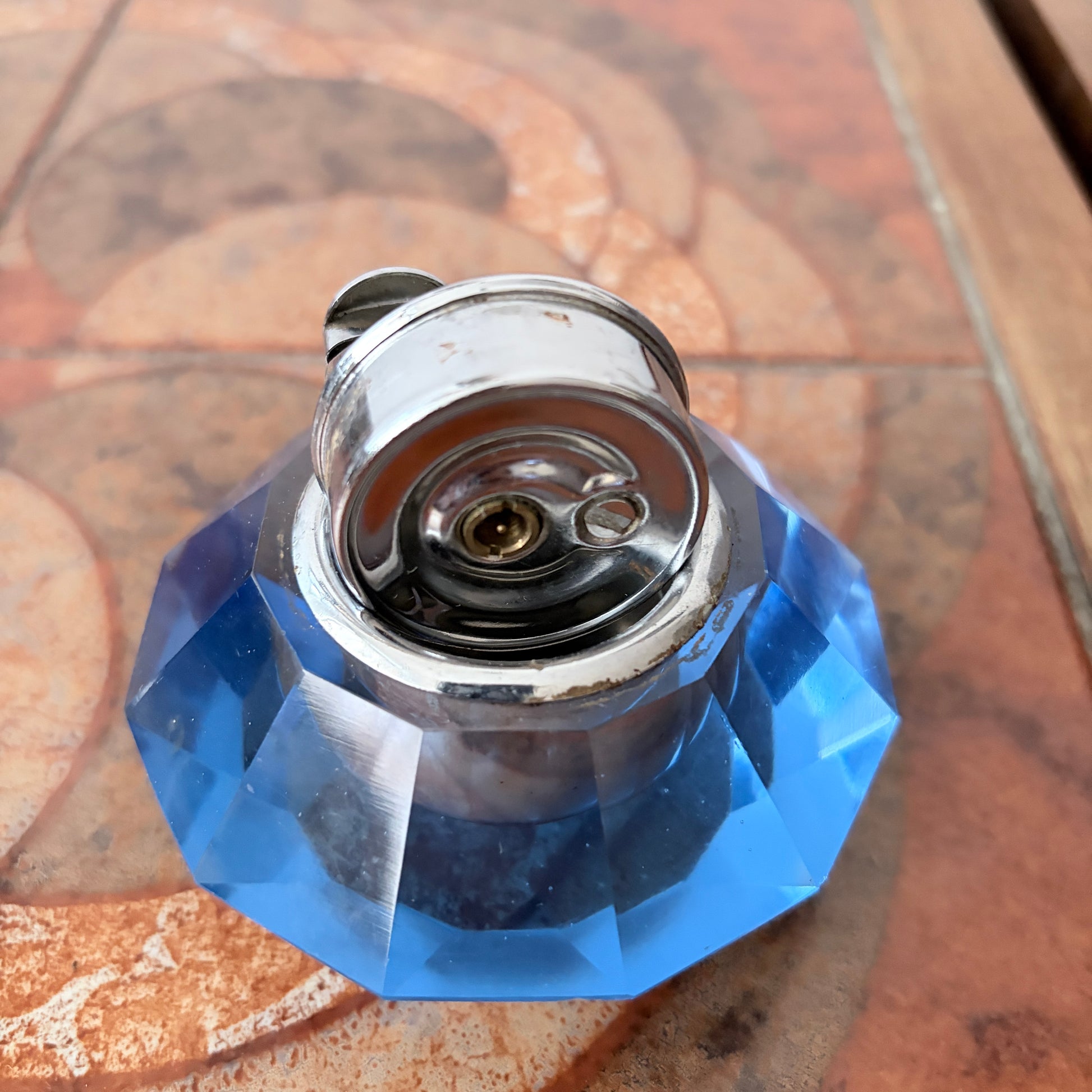 Vintage Blue Faceted Crystal Glass Table Lighter – Mid-Century