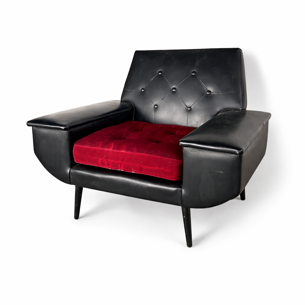 Mid-Century Black Vinyl Armchair with Red Seat Cushion