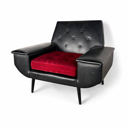 Mid-Century Black Vinyl Armchair with Red Seat Cushion