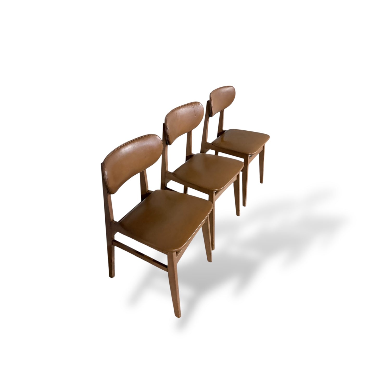 Set of Three Schreiber Dining Chairs – Mid Century Teak & Vinyl Chairs