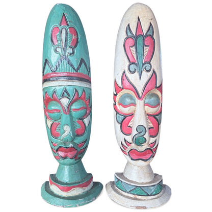 Hand Carved Wooden Sculptures – Mid Century Folk Art Painted Heads