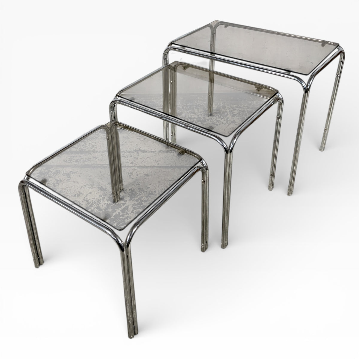 Mid Century Smoked Glass & Tubular Chrome Nest of Tables