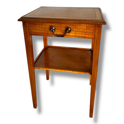 Vintage Oak Bedside Cabinet with Drawer & Leather Inlay Top | Antique Nightstand Table