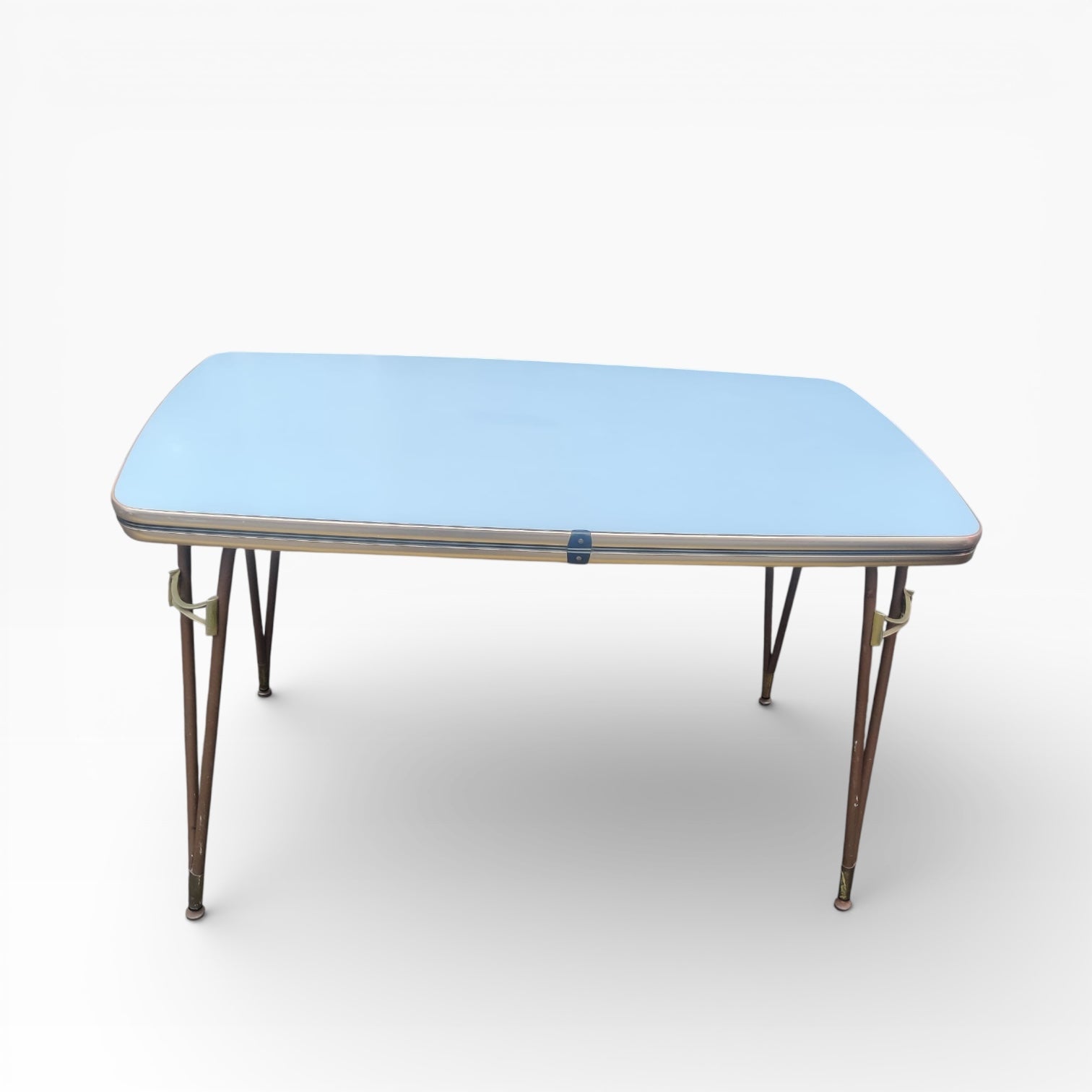 Mid Century Italian Blue Formica Dining Table & 4 Black Vinyl Chrome Chairs Set — view 18