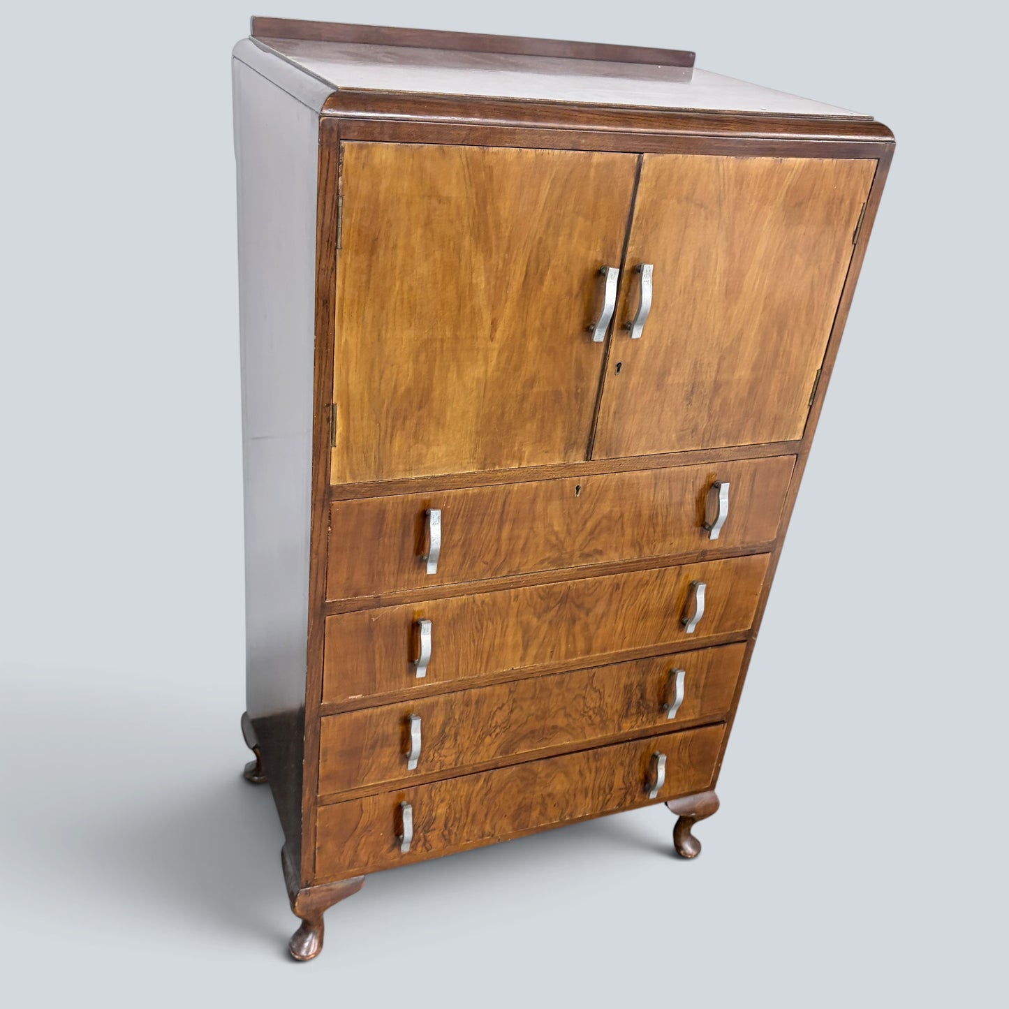 Art Deco Walnut Pantry Cabinet | Vintage Walnut Kitchen Larder Cupboard with Drawers