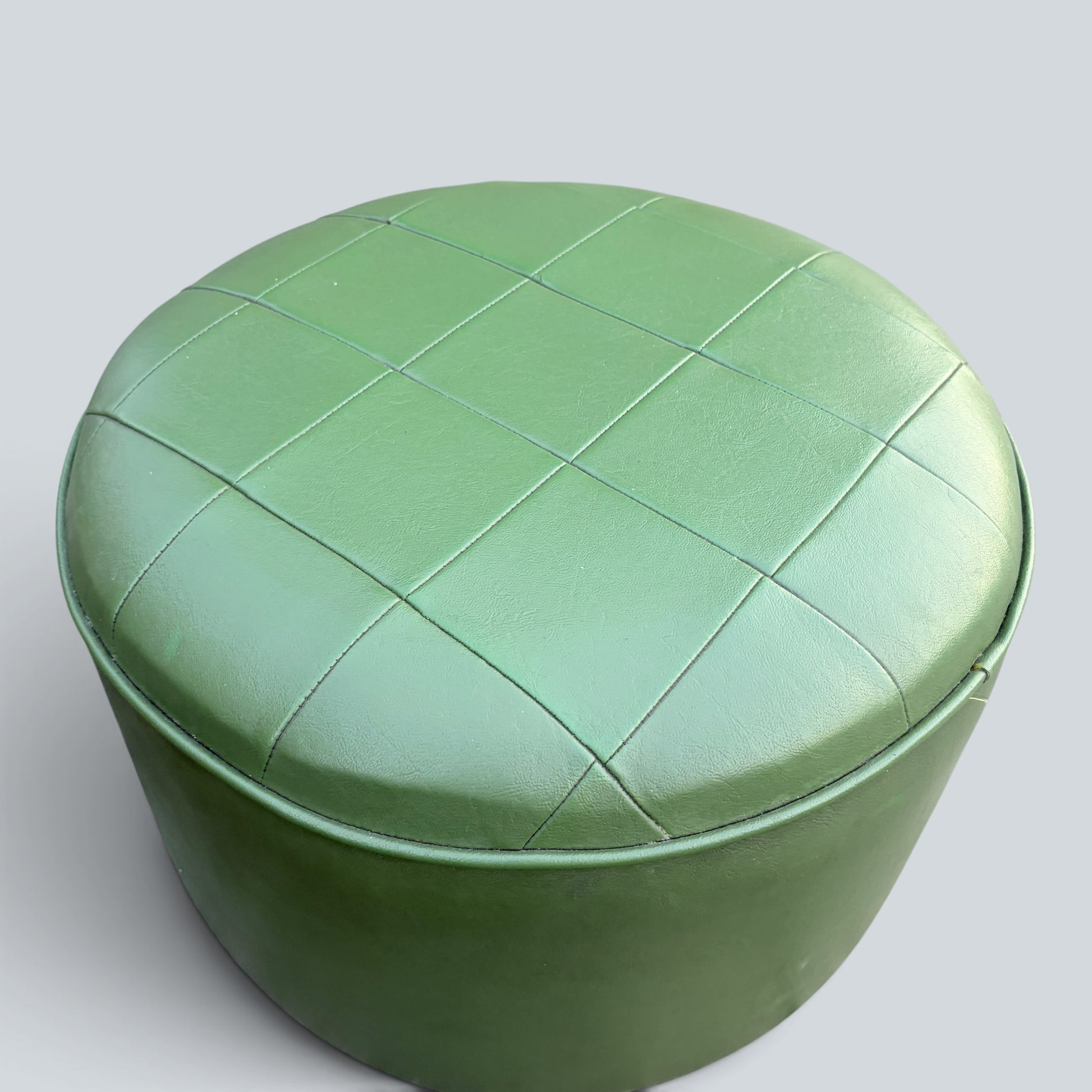 Vintage Mid Century Green Leatherette Pouffe | Round Footstool Ottoman