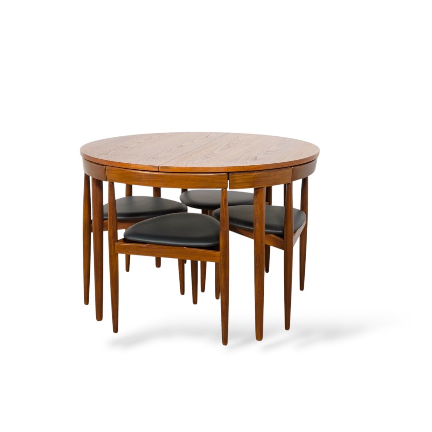 Hans Olsen Frem Røjle Teak Dining Set | Danish Mid Century Round Extending Table & 4 Tri-Leg Chairs
