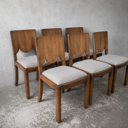 Art Deco Walnut Dining Chairs – Set of Six Sculptural Vintage Dining Chairs