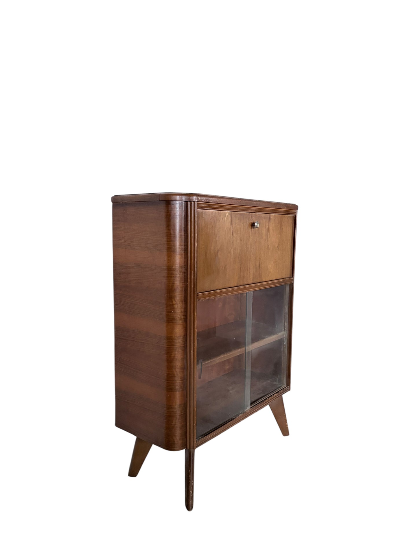 Art Deco Walnut Bureau Drinks Cabinet with Glazed Display