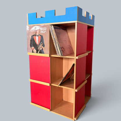 Handmade Postmodern Castle Bookcase & Vinyl Record Storage Unit – Red & Blue
