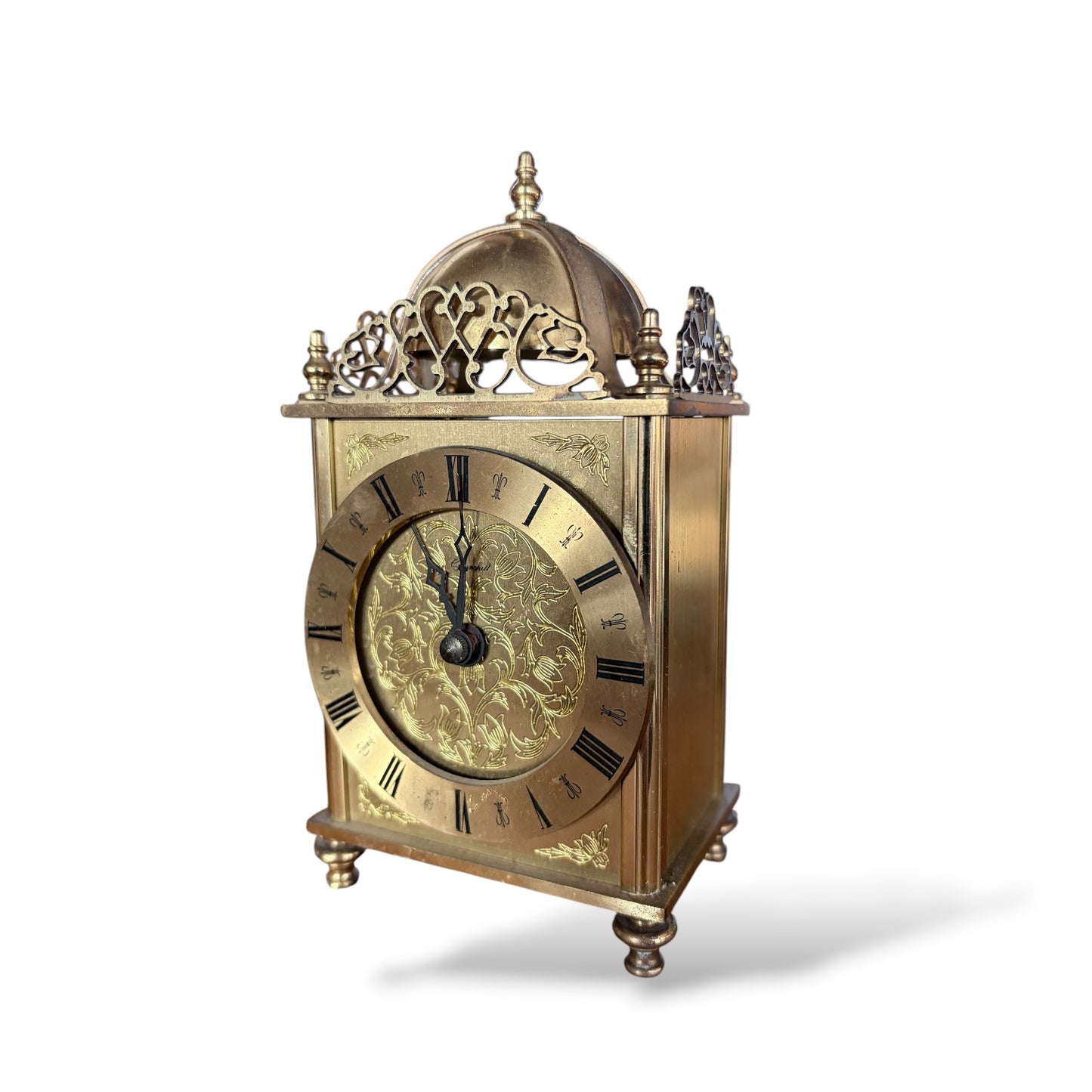 Brass Mantel Clock – Vintage Lantern Shelf Clock with Engraved Floral Dial