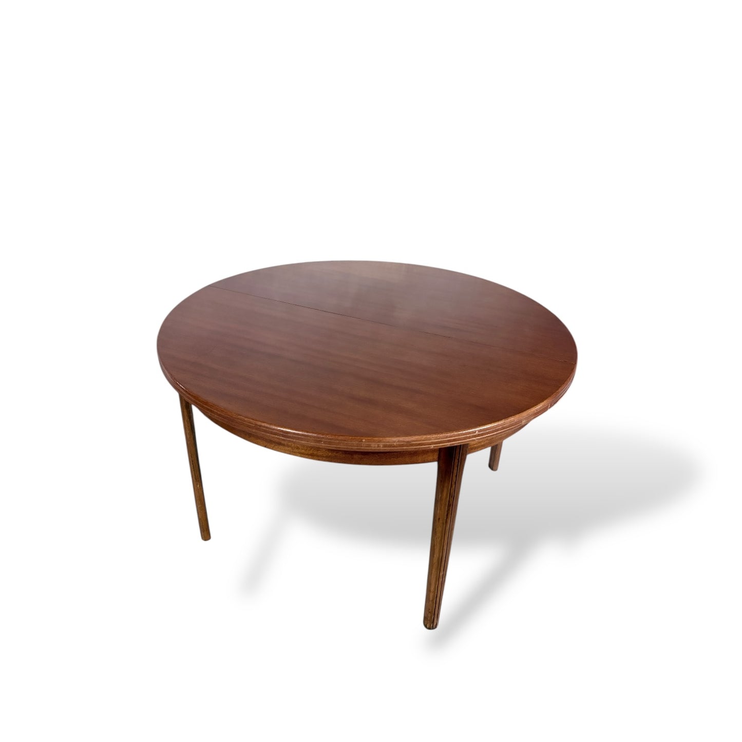 Afromosia Teak Round Extending Dining Table with Tapered Legs — view 9