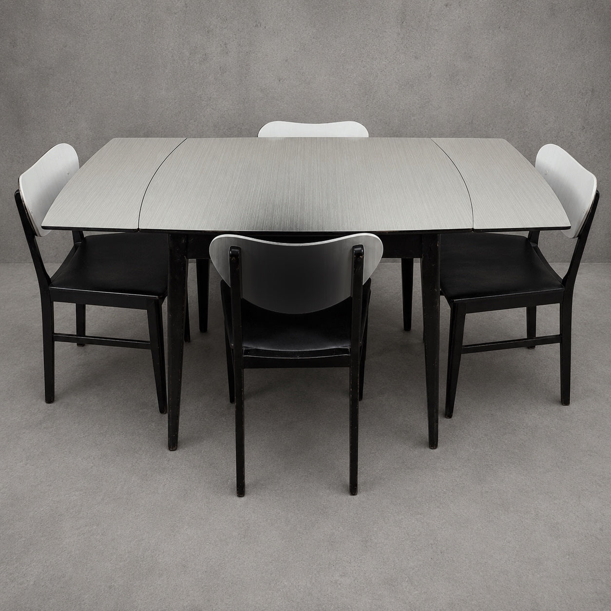 Mid Century Space Age Monochrome Formica Drop Leaf Extending Dining Table & Four Chairs