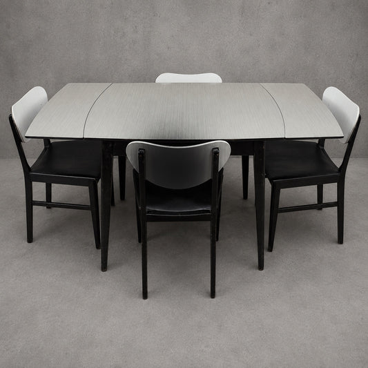 Mid Century Space Age Monochrome Formica Drop Leaf Extending Dining Table & Four Chairs
