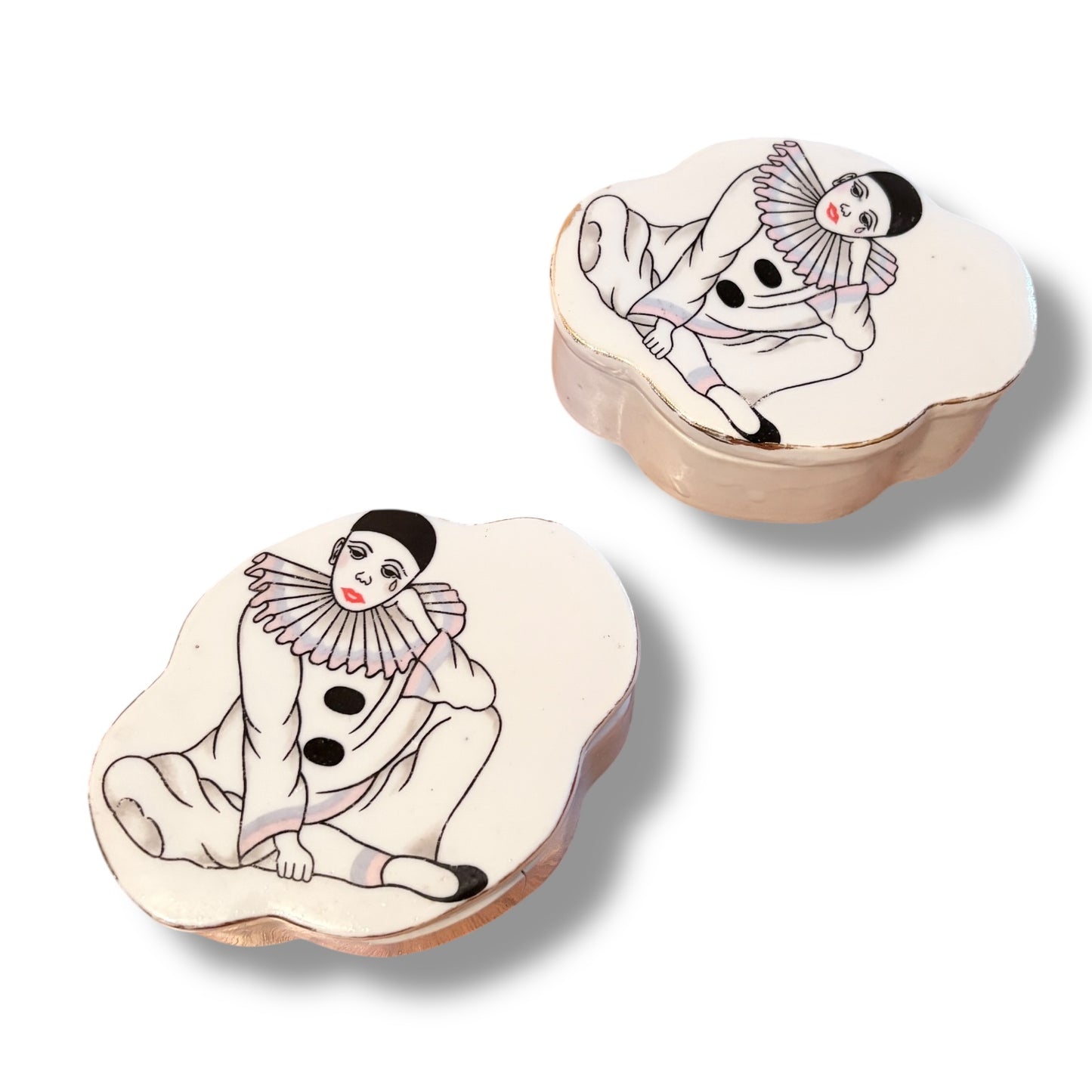 Vintage Pierrot Clown Porcelain Trinket Boxes – Pair