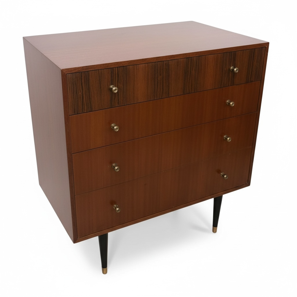 Mid Century Chest Drawers – Four Drawer Chest with Atomic Style Legs & Brass Tips