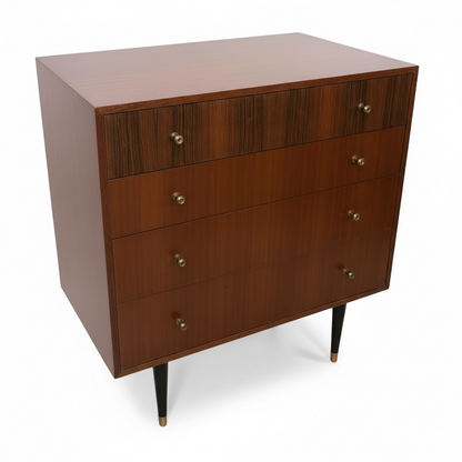 Mid Century Chest Drawers – Four Drawer Chest with Atomic Style Legs & Brass Tips
