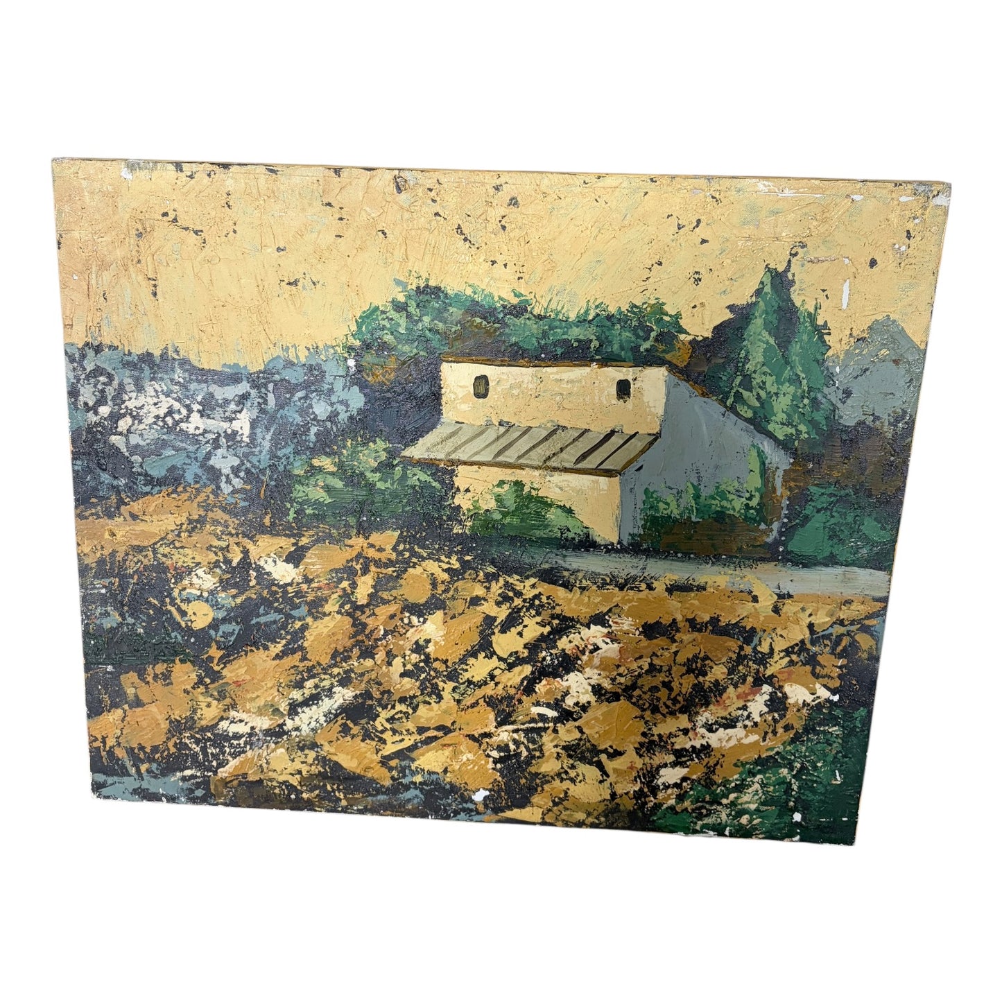 Vintage Textured Landscape Painting – Rustic House Scene, Impasto Wall Art