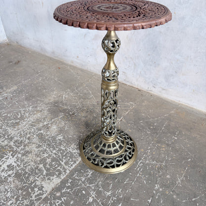 Antique Hand-Carved Wooden & Brass Plant Stand | Indian Carved Pedestal Side Table