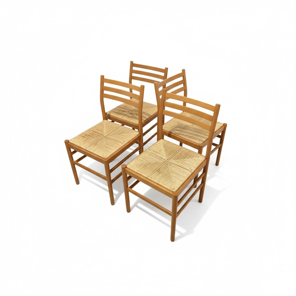 Italian Beech Dining Chairs – Set of Four Vintage Ladder Back Chairs with Woven Rush Seats