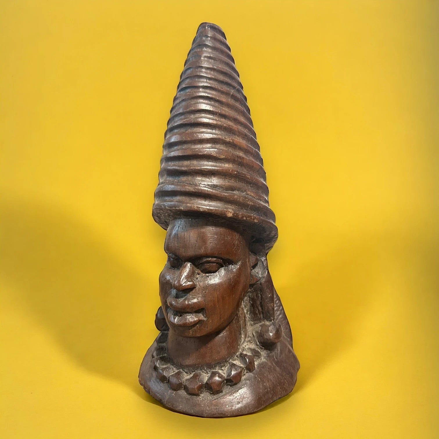 African Hand-Carved Wooden Bust Sculpture with Conical Headdress – Tribal Art — view 8