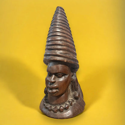 African Hand-Carved Wooden Bust Sculpture with Conical Headdress – Tribal Art — view 8