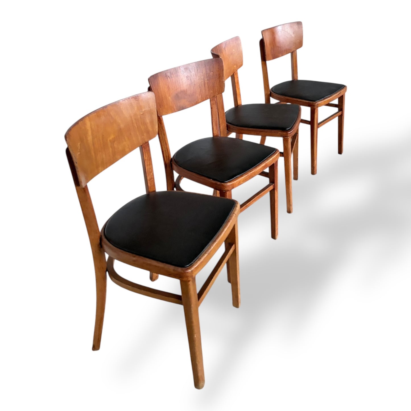 Set of Four Mid-Century Beech Dining Chairs – Black Vinyl Seats