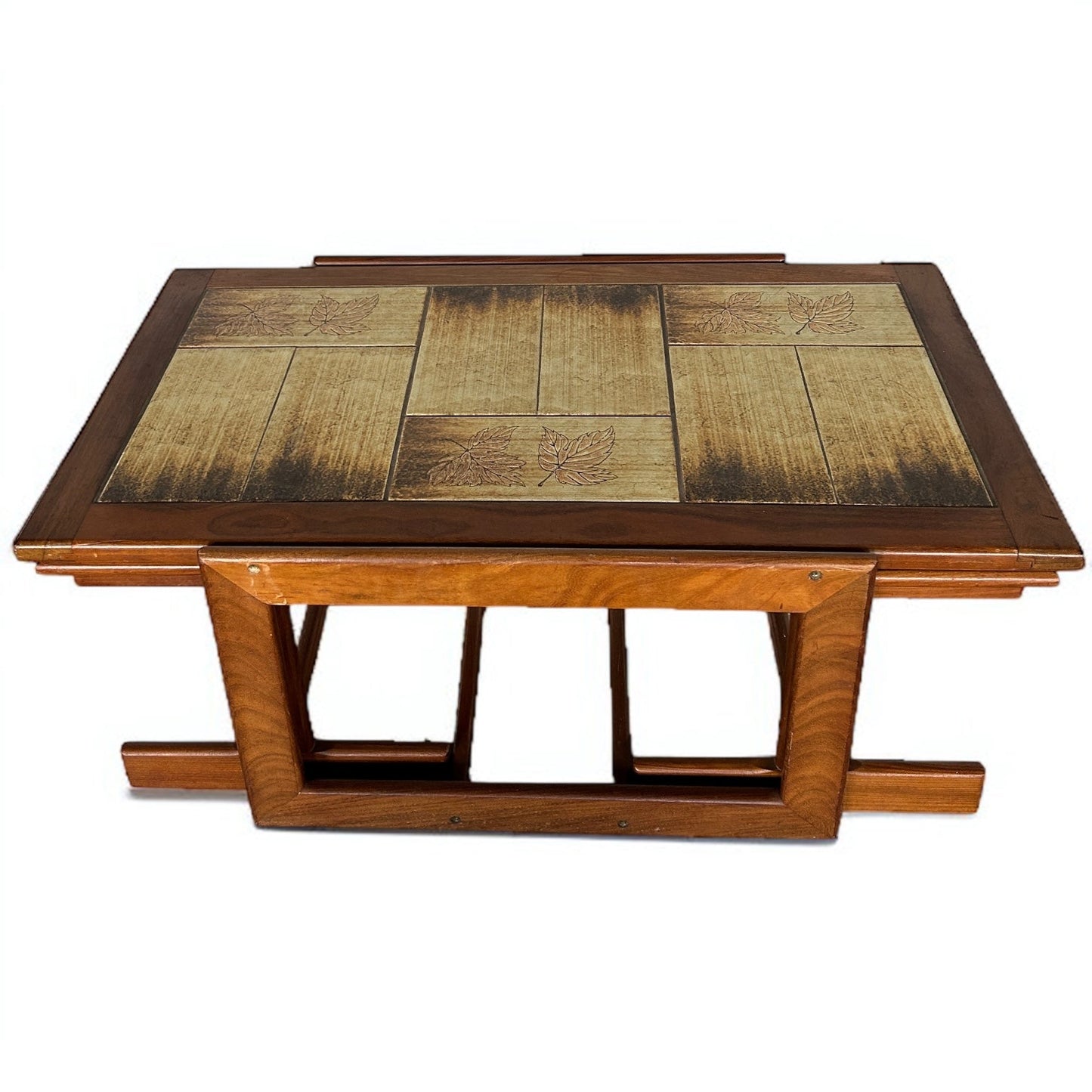 Mid Century Tile Top Coffee Table with Extending Side Tables