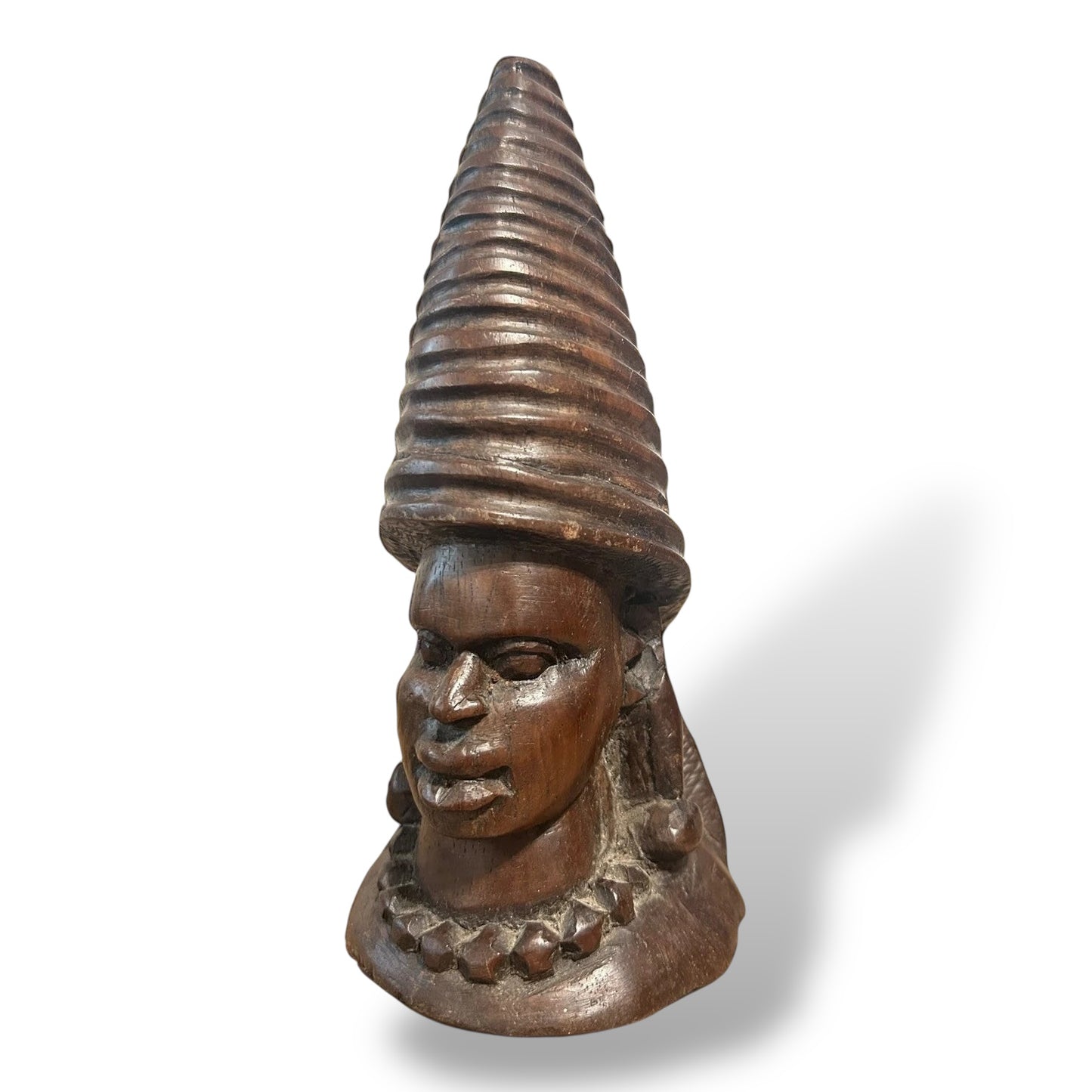 African Hand-Carved Wooden Bust Sculpture with Conical Headdress – Tribal Art — view 3