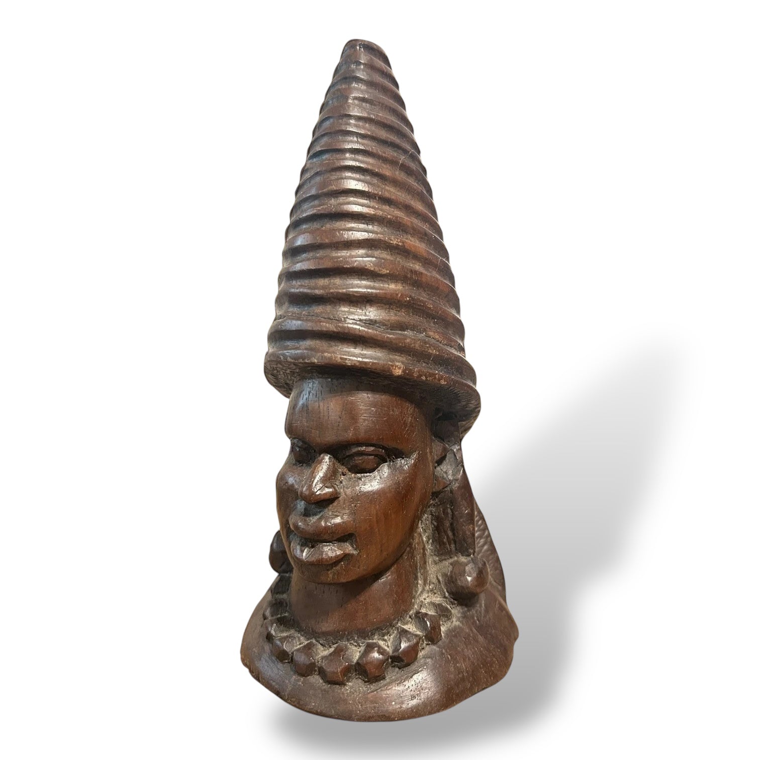 African Hand-Carved Wooden Bust Sculpture with Conical Headdress – Tribal Art — view 3