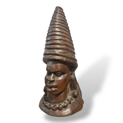 African Hand-Carved Wooden Bust Sculpture with Conical Headdress – Tribal Art — view 3