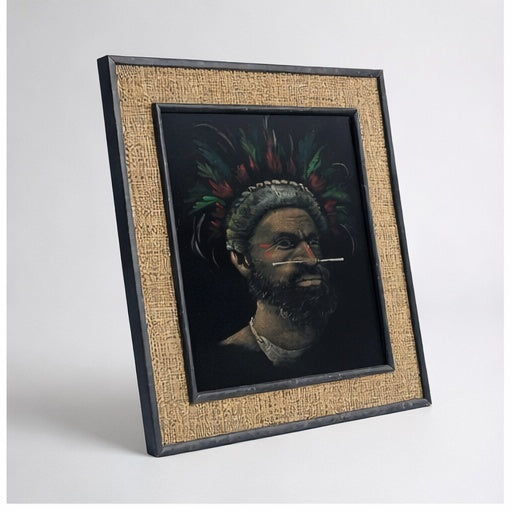 Vintage Ethnographic Portrait on Velvet – Signed Hessian Framed Artwork