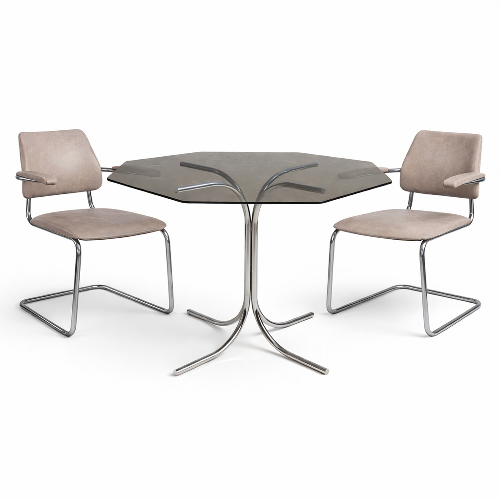 Mid Century Italian Chrome & Smoked Glass Dining Table with Cantilever Chairs