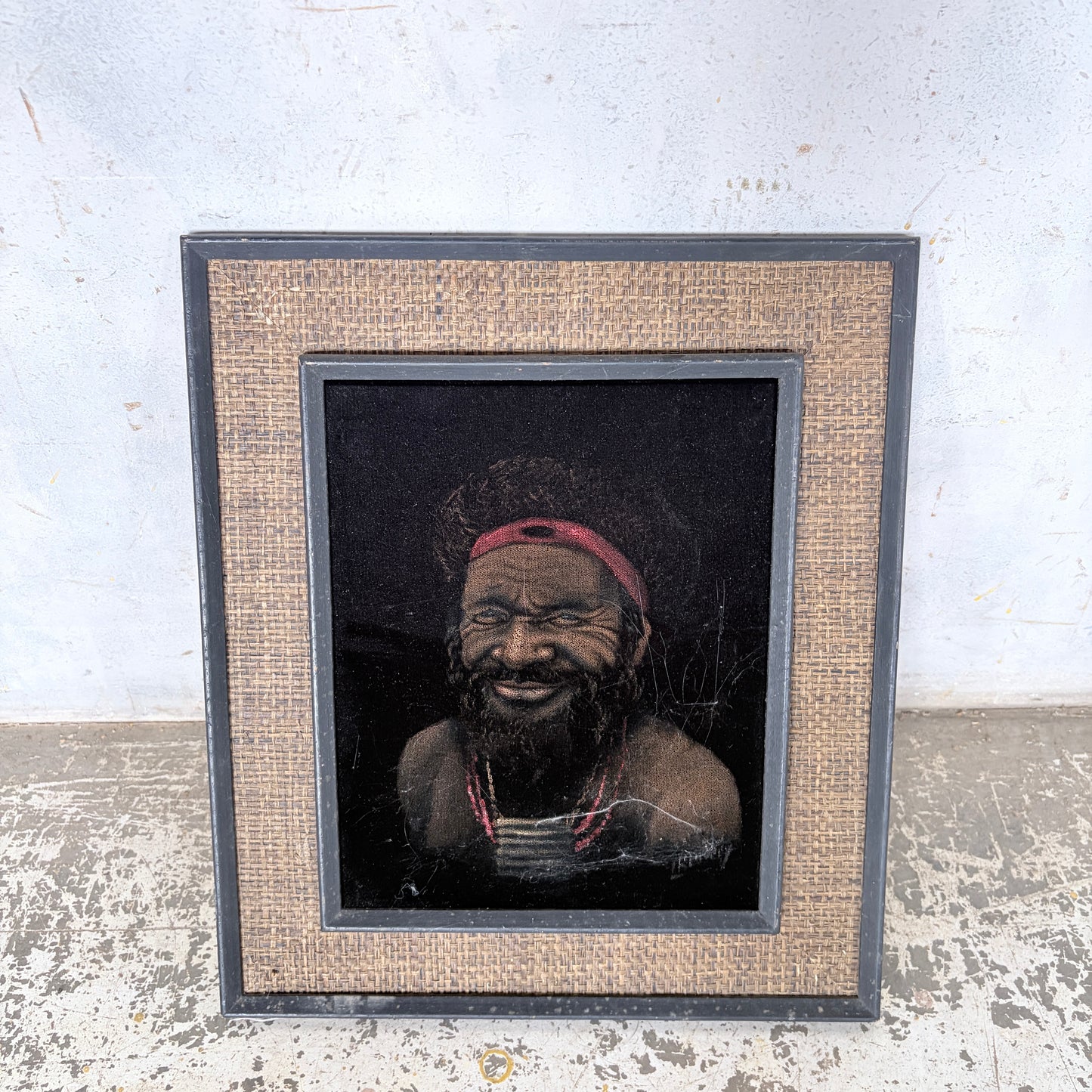 Vintage Papuan Highlander Portrait Painting in Original Hessian Frame